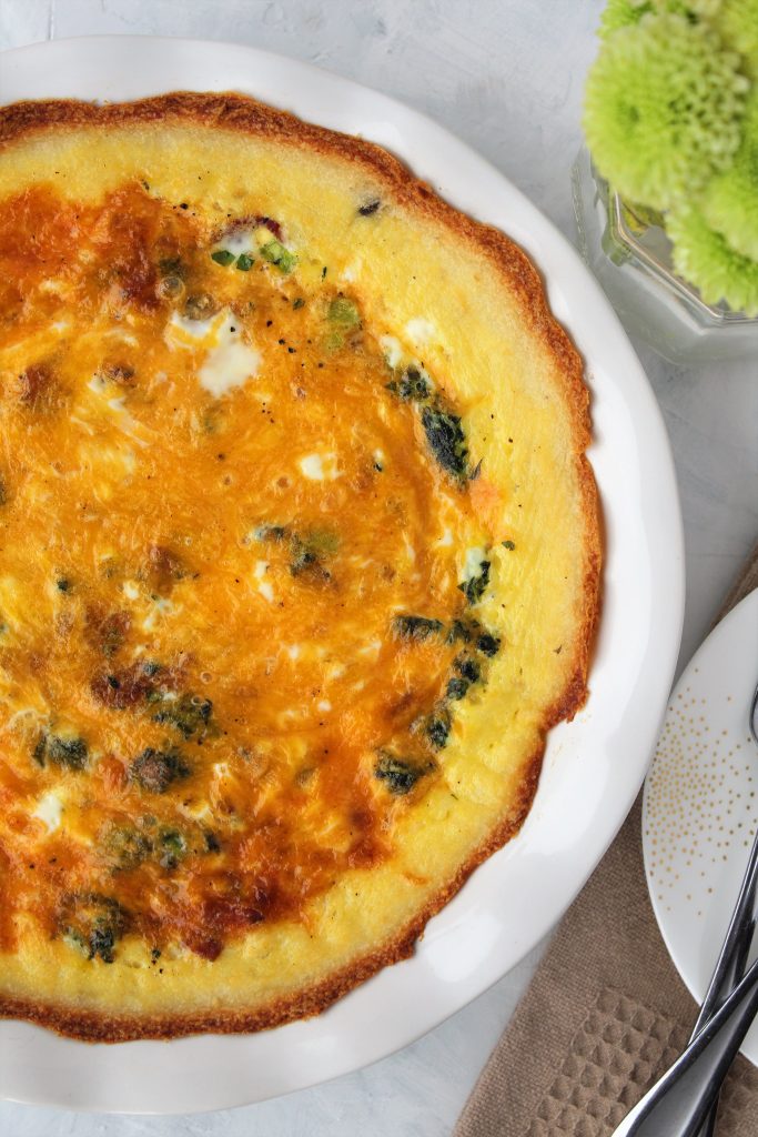 Garlic Mashed Potato Crusted Quiche with Cheddar, Bacon, and Spinach